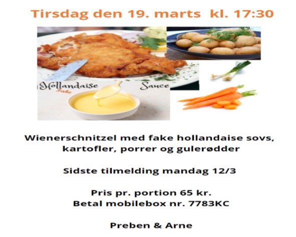 Fællesspisning 19. marts 2024, dejlig wienerschnitzel med kartofler, gulerødder, porrer og fake hollandaise sovs