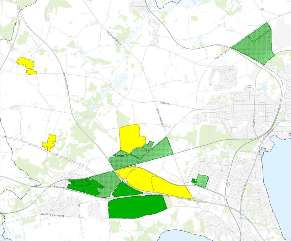 Kort der viser hvilke områder af Fredericia Kommune, der kan udlægges fjernvarme i, forudsat at der er interesse