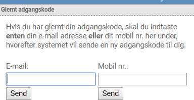 Billede der viser hvordan du indtaster E-mail eller Mobil nr., hvis du har glemt din adgangskode og skal have tilsendt en ny